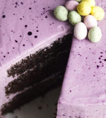 vegan Easter chocolate cake with purple icing