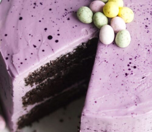 vegan Easter chocolate cake with purple icing
