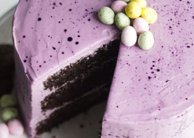 vegan Easter chocolate cake with purple icing