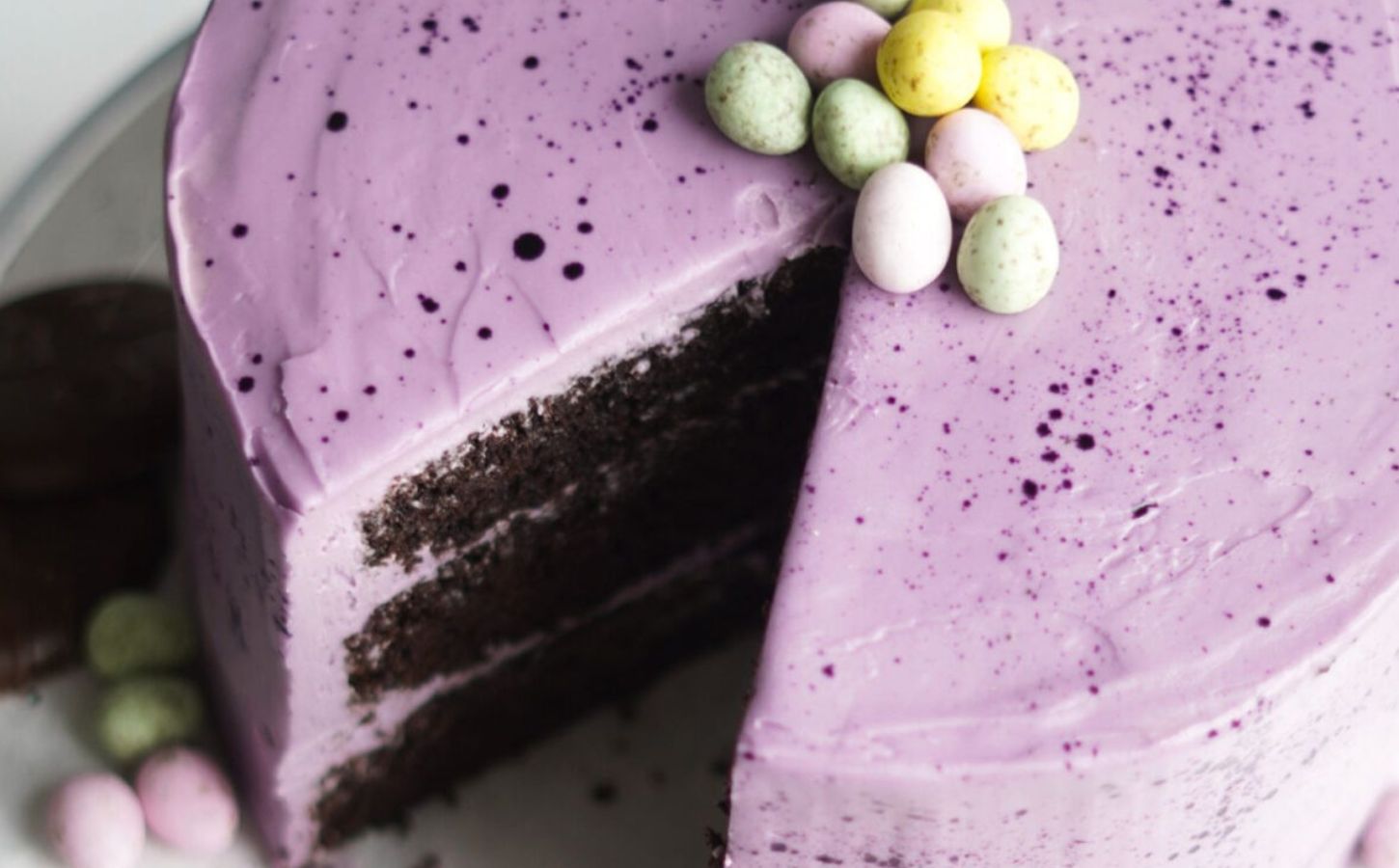 vegan Easter chocolate cake with purple icing