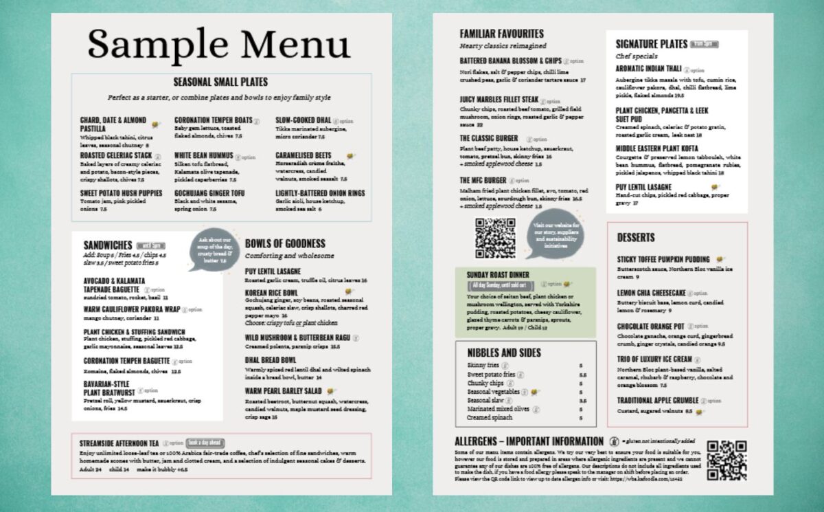 Photo shows the sample menu for the new vegan hotel in Wales, Ffarm Hall