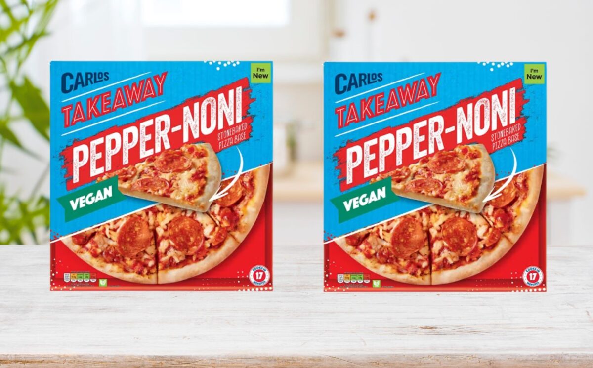 Photo shows Aldi's vegan pepperoni pizza, the stonebacked "Pepper-noni," produced by the Aldi Carlos Takeaway brand