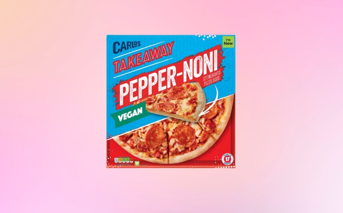 Photo shows Aldi's vegan pepperoni pizza, the stonebacked "Pepper-noni," produced by the Aldi Carlos Takeaway brand