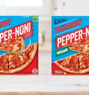 Photo shows Aldi's vegan pepperoni pizza, the stonebacked "Pepper-noni," produced by the Aldi Carlos Takeaway brand