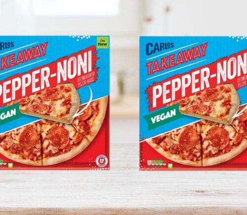 Photo shows Aldi's vegan pepperoni pizza, the stonebacked "Pepper-noni," produced by the Aldi Carlos Takeaway brand