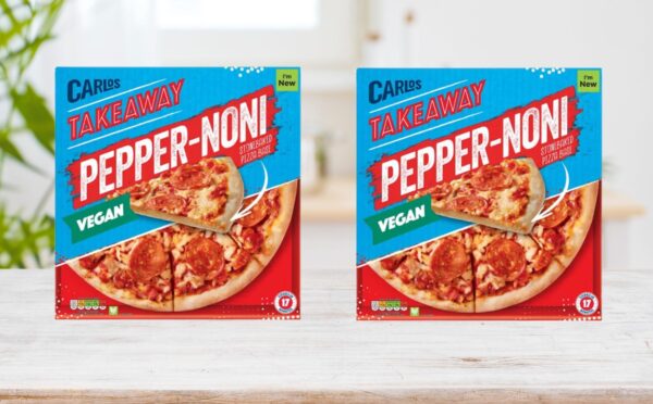 Photo shows Aldi's vegan pepperoni pizza, the stonebacked "Pepper-noni," produced by the Aldi Carlos Takeaway brand