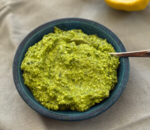 Wild Garlic Edamame Pesto with almonds, lemon, nutritional yeas, and olive oil