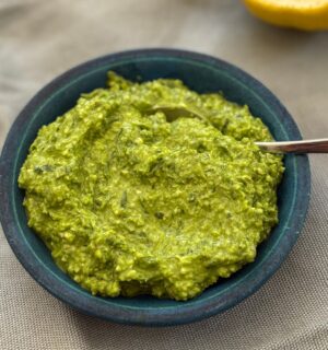 Wild Garlic Edamame Pesto with almonds, lemon, nutritional yeas, and olive oil