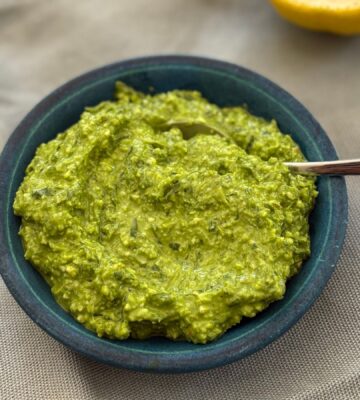 Wild Garlic Edamame Pesto with almonds, lemon, nutritional yeas, and olive oil