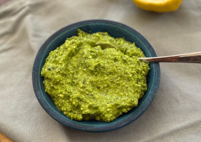 Wild Garlic Edamame Pesto with almonds, lemon, nutritional yeas, and olive oil