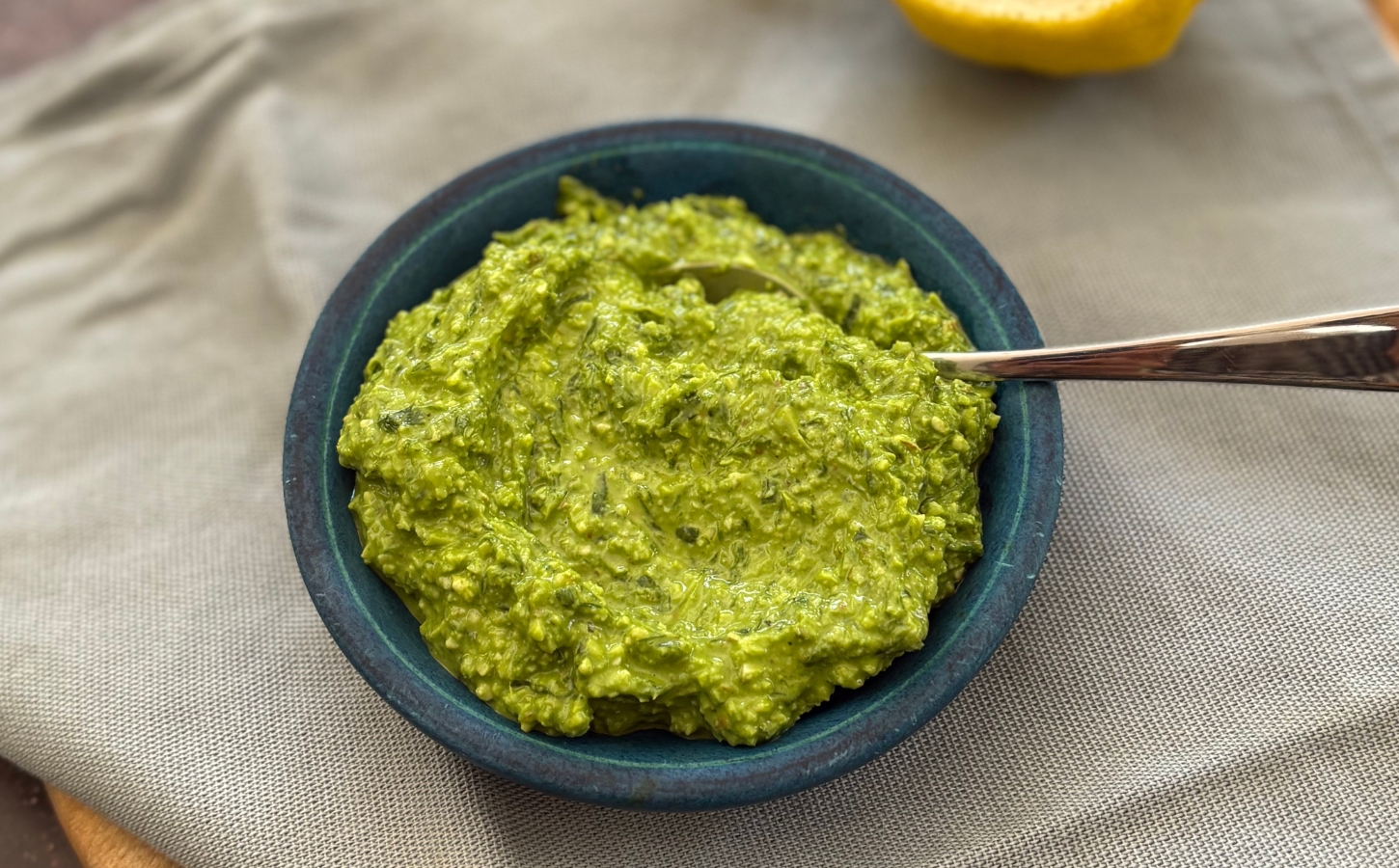 Wild Garlic Edamame Pesto with almonds, lemon, nutritional yeas, and olive oil