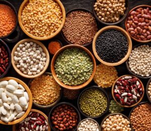 Bowls of different legumes including beans, lentils, and peas arranged on a black background, viewed from above, an example of foods that help heal your gut