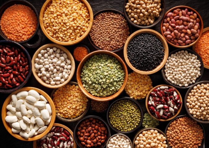 Bowls of different legumes including beans, lentils, and peas arranged on a black background, viewed from above, an example of foods that help heal your gut