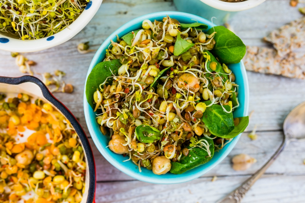 A salad featuring fried sprouts and fresh broccoli sprouts in a blue bowl, to illustrate an article about foods that can help heal your gut