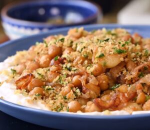 These fried chickpeas with yogurt sauce and herby breadcrumbs are one of Vora's 3 restaurant-style vegan chickpea recipes