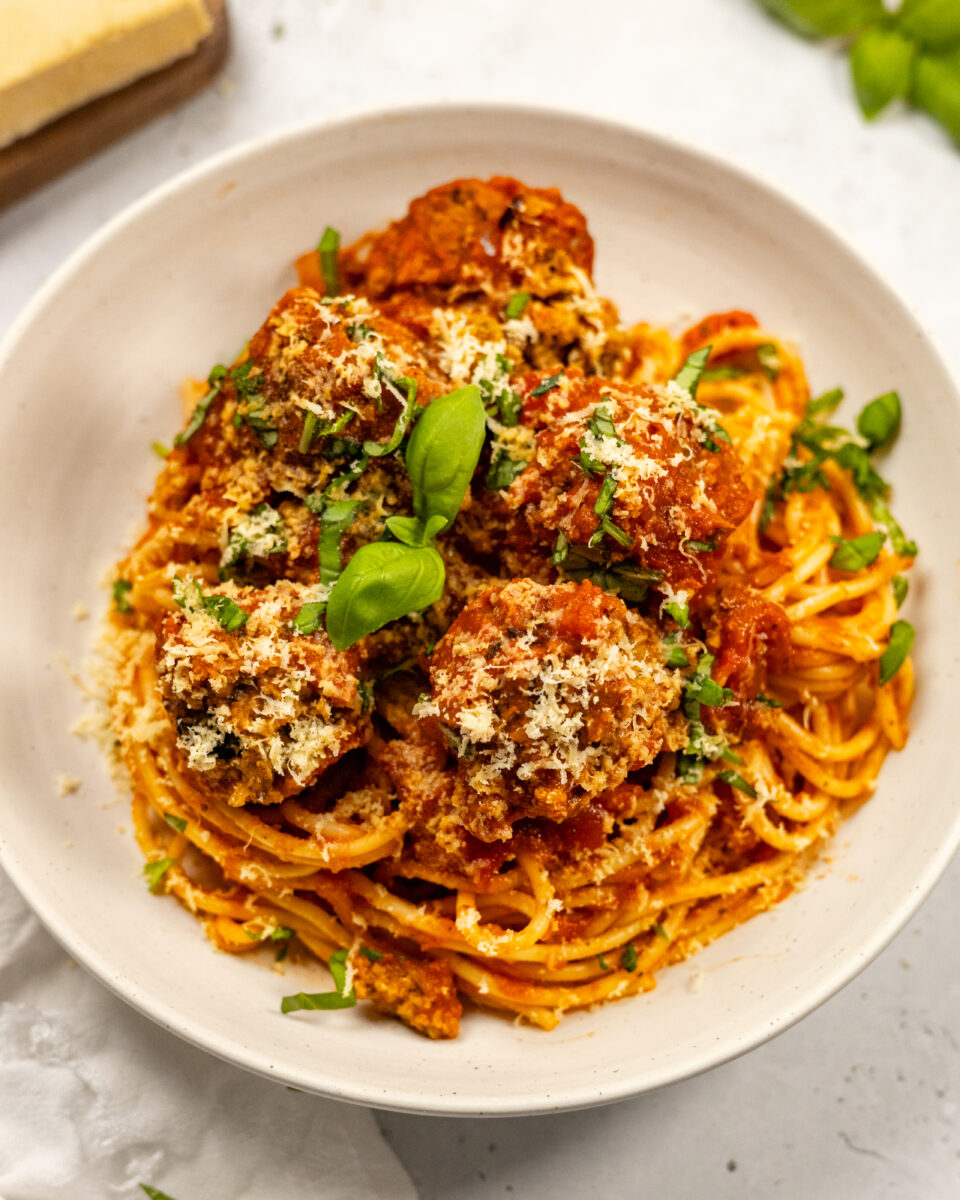 TVP meatball spaghetti with vegetable protein meatballs and a rich tomato sauce