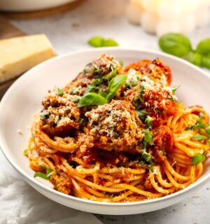 TVP meatball spaghetti with vegetable protein meatballs and a rich tomato sauce