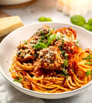 TVP meatball spaghetti with vegetable protein meatballs and a rich tomato sauce
