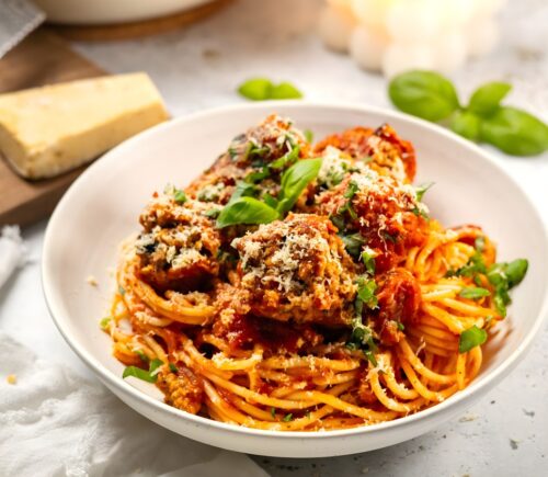 TVP meatball spaghetti with vegetable protein meatballs and a rich tomato sauce