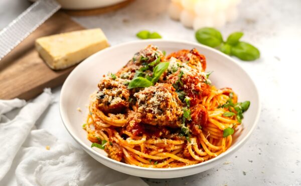 TVP meatball spaghetti with vegetable protein meatballs and a rich tomato sauce