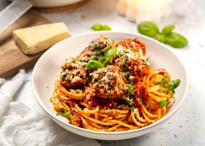 TVP meatball spaghetti with vegetable protein meatballs and a rich tomato sauce