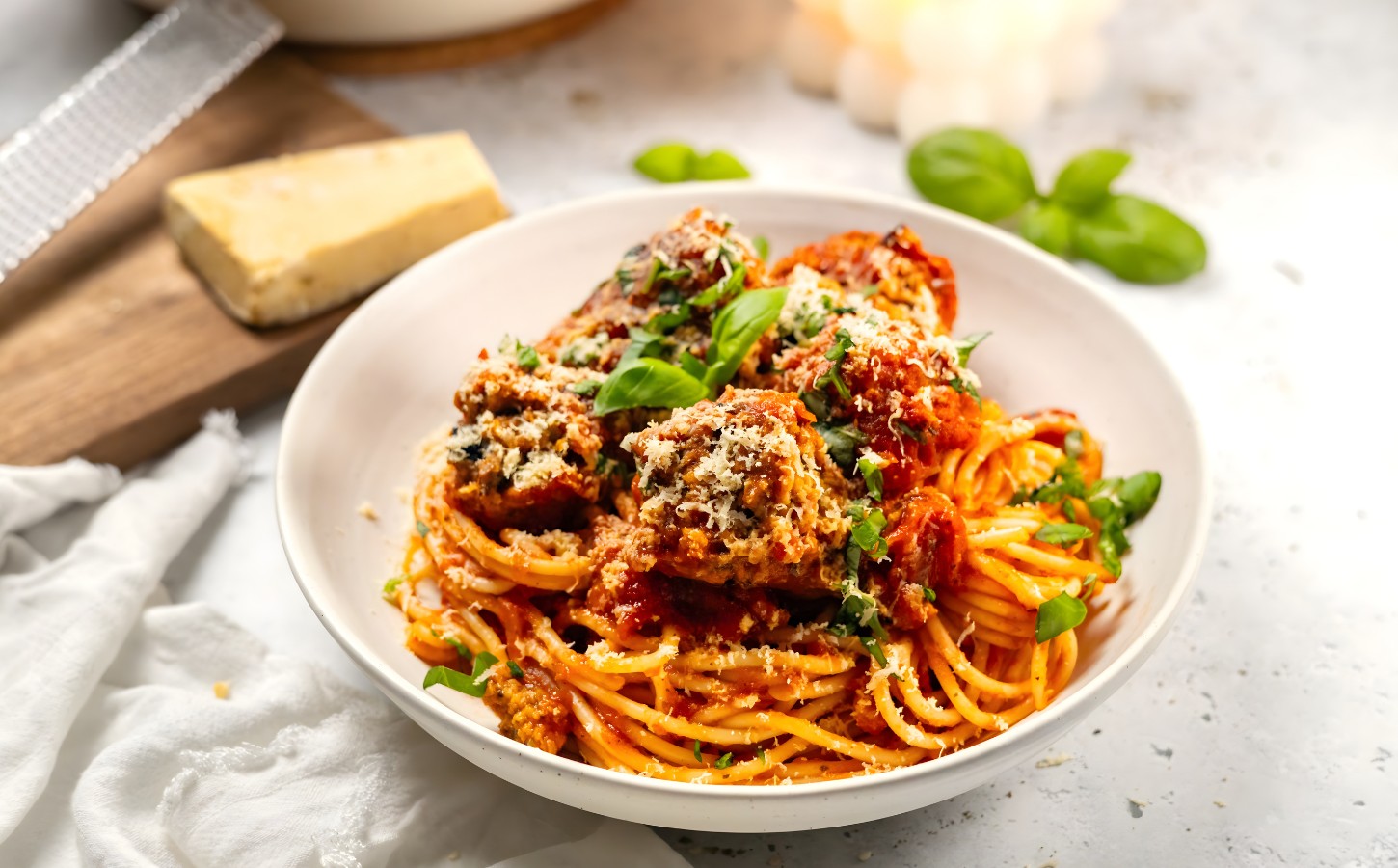TVP meatball spaghetti with vegetable protein meatballs and a rich tomato sauce