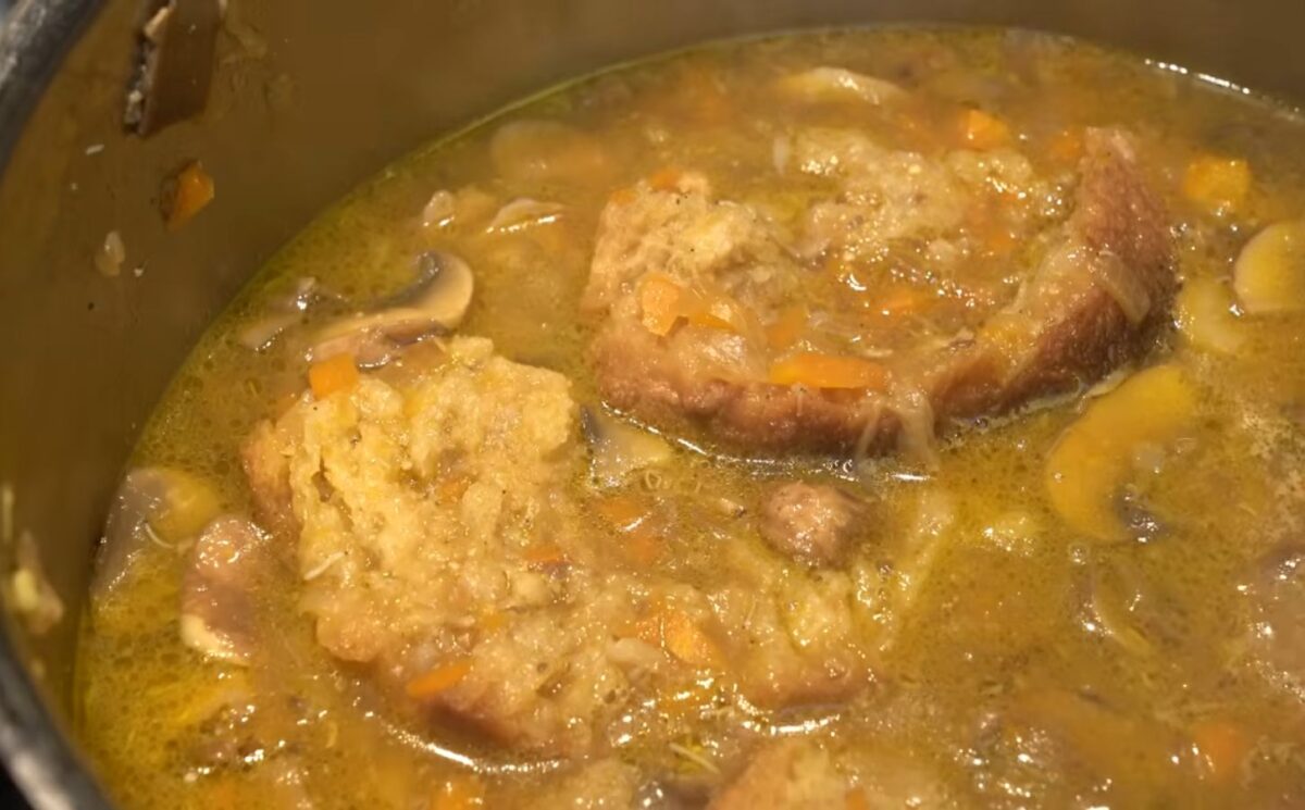Miyoko's medicinal mushroom soup cooks in a pot