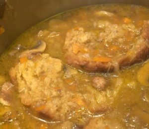 Miyoko's medicinal mushroom soup cooks in a pot