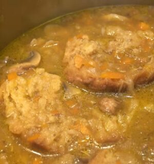 Miyoko's medicinal mushroom soup cooks in a pot