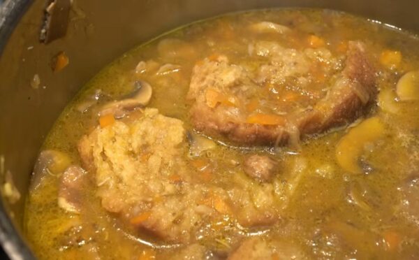 Miyoko's medicinal mushroom soup cooks in a pot