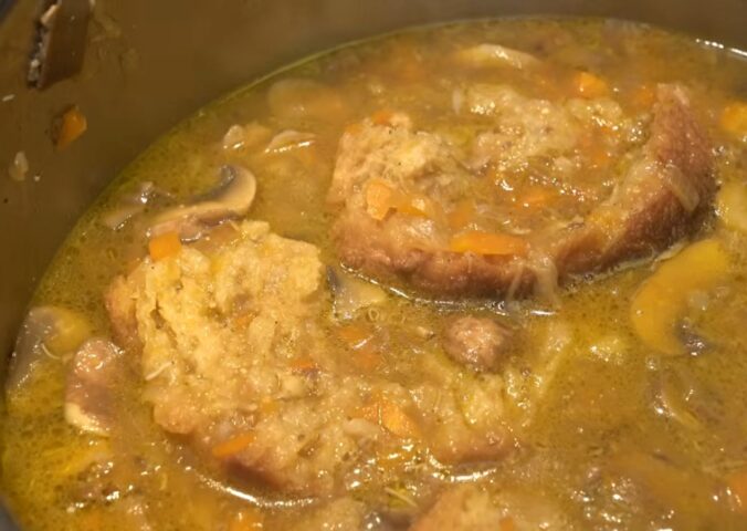 Miyoko's medicinal mushroom soup cooks in a pot
