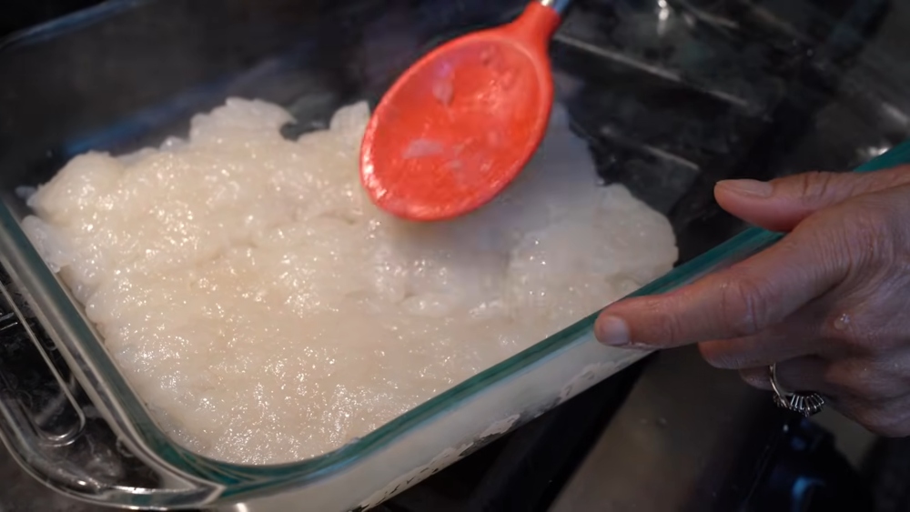 Glossy jelly-like konjac mixture in a glass dish, ready to be refrigerated to form the base for Schinner's vegan calamari recipe