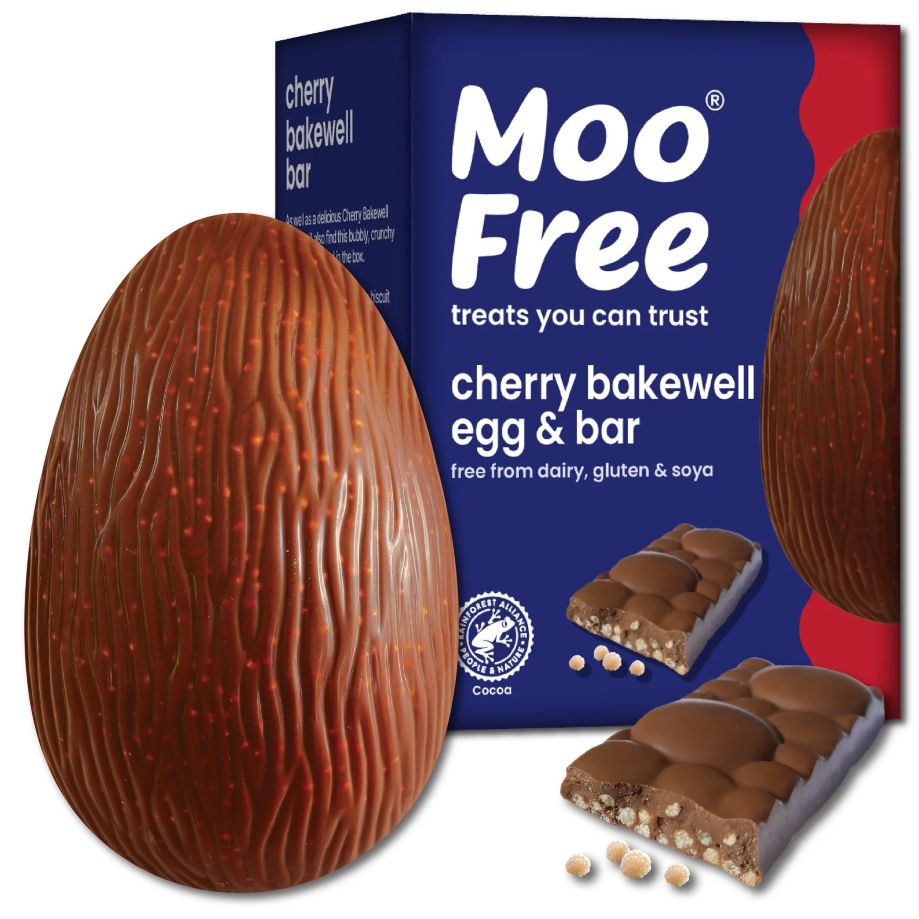 Picture shows the Cherry Bakewell vegan Easter egg by Moo Free. Moo Free's Cherry Bakewell-flavored vegan Easter egg is new for 2026