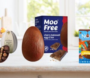 Photo shows three of the 10 best vegan easter eggs of 2026 in stores right now, including the Moo Free Cherry Bakewell egg, the Nomo "Ultimate" egg, and the Hotel Chocolat "Extra Thick" vegan Easter egg