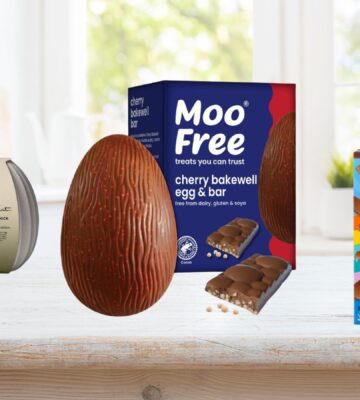 Photo shows three of the 10 best vegan easter eggs of 2026 in stores right now, including the Moo Free Cherry Bakewell egg, the Nomo "Ultimate" egg, and the Hotel Chocolat "Extra Thick" vegan Easter egg