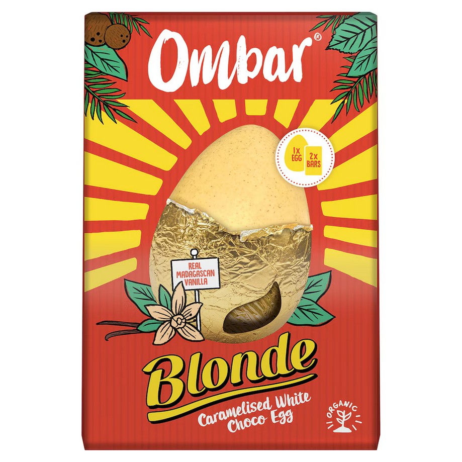 Photo shows Ombar's Blonde Caramelised White Choco-Egg. a vegan chocolate Easter egg