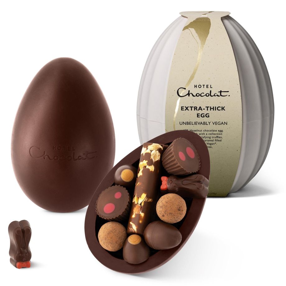 Photo shows the Hotel Chocolat Unbelievably Vegan Extra-Thick Easter Egg, a vegan chocolate Easter egg