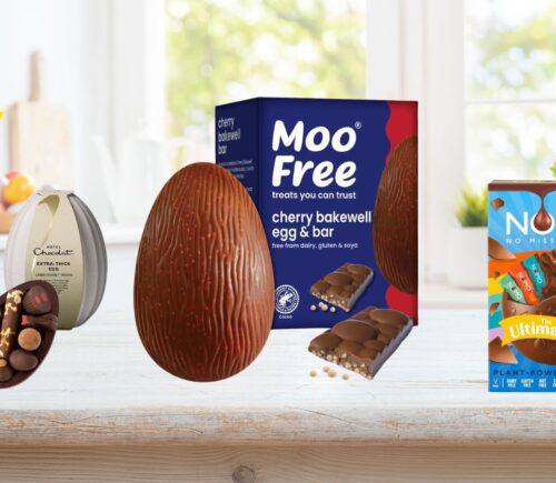 Photo shows three of the 10 best vegan easter eggs of 2026 in stores right now, including the Moo Free Cherry Bakewell egg, the Nomo "Ultimate" egg, and the Hotel Chocolat "Extra Thick" vegan Easter egg