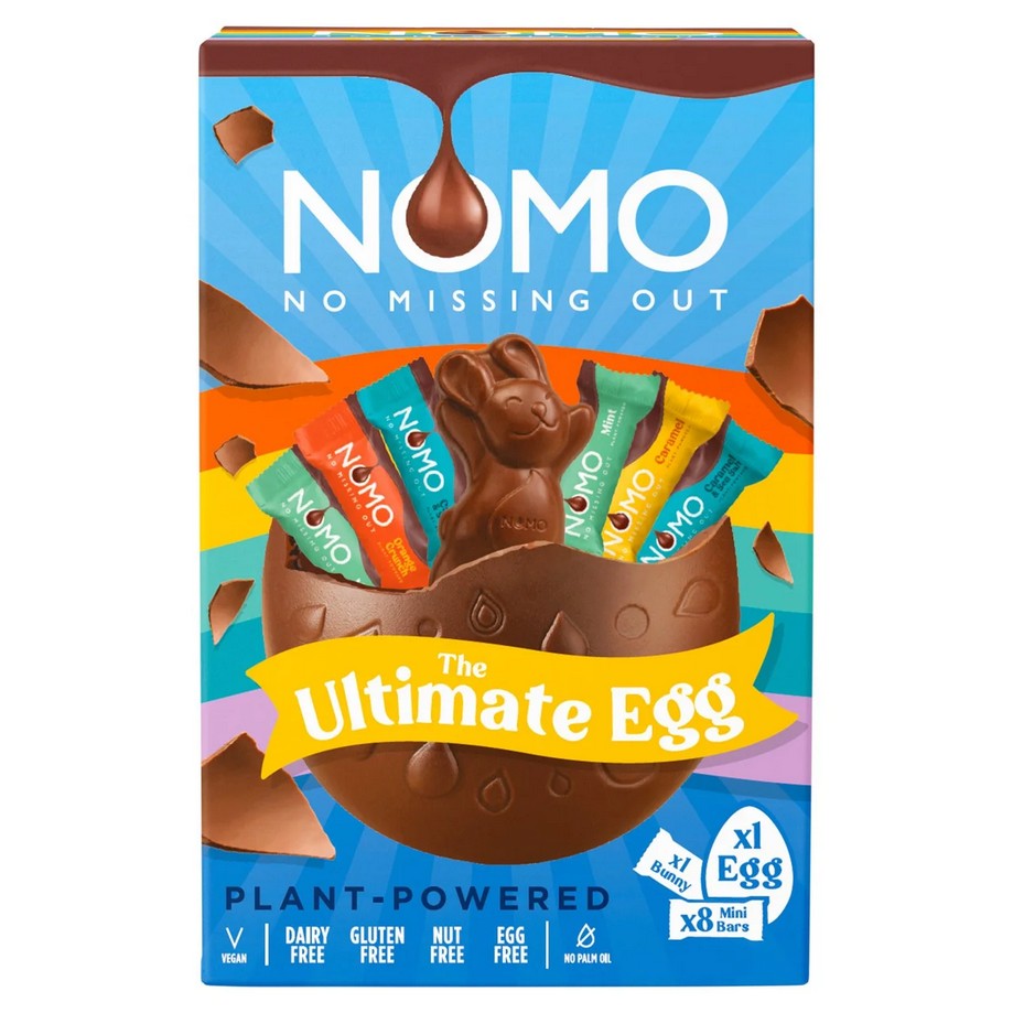 Photo shows NoMo’s ‘The Ultimate Egg,' a vegan chocolate Easter egg that comes with several chocolate bars