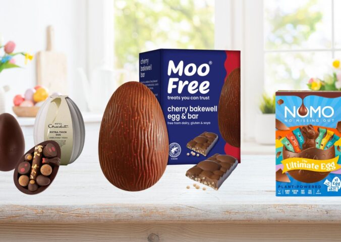 Photo shows three of the 10 best vegan easter eggs of 2026 in stores right now, including the Moo Free Cherry Bakewell egg, the Nomo "Ultimate" egg, and the Hotel Chocolat "Extra Thick" vegan Easter egg