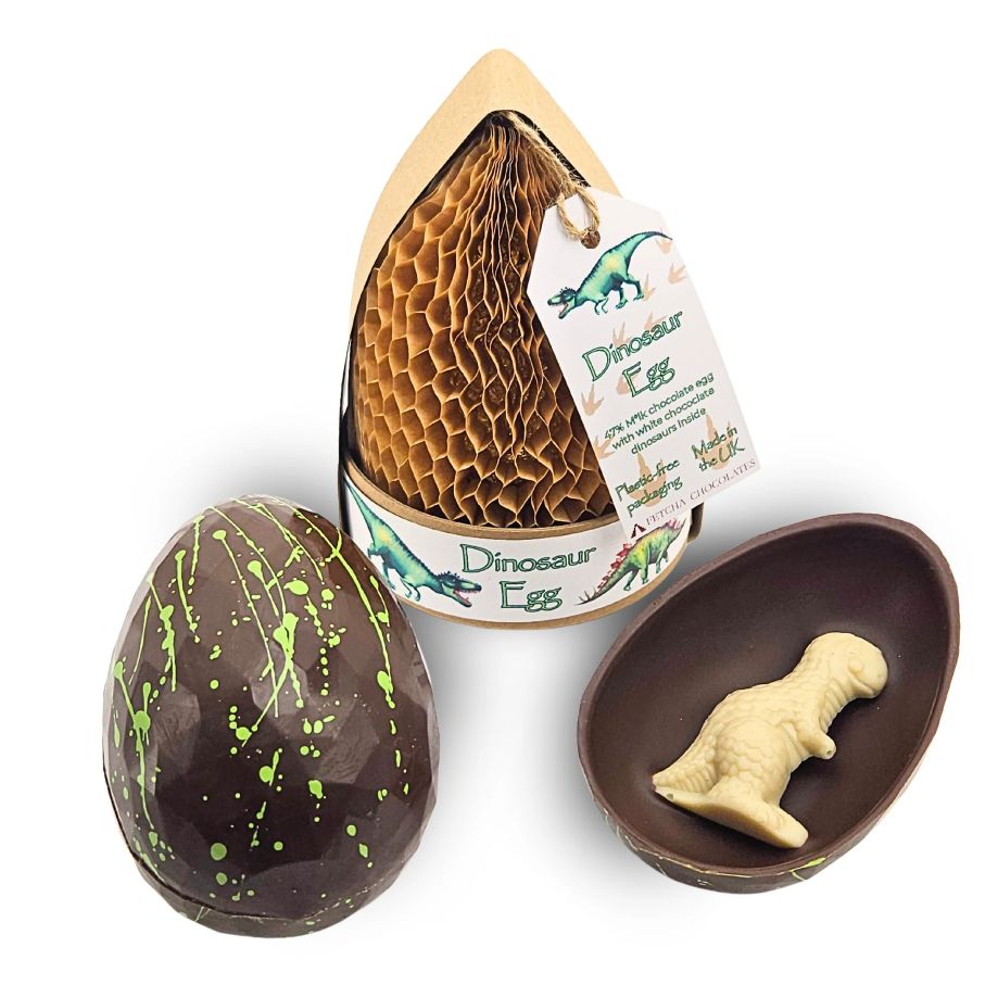 Photo shows the Fetcha Dino Easter egg. This “Dino” Easter egg from Fetcha Chocolates features a shiny geometric shape patterned with vibrant green