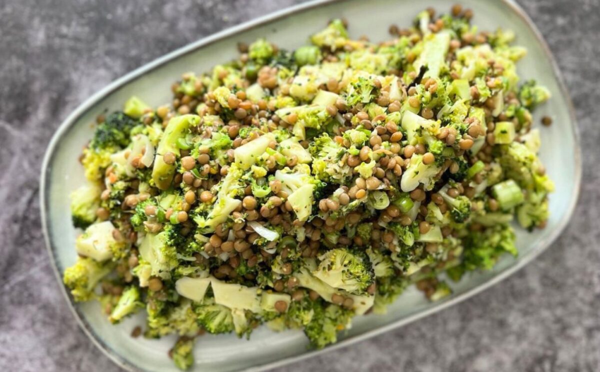 Lentil and broccoli vegan summer salad served on a rectangular platter for heart-healthy vegan recipes
