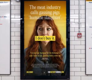 Photo shows a new billboard from Project Slingshot's Ban CO2 Gas Chambers campaign, featuring vegan comedian Diane Morgan, and warning commuters about the reality of factory farming and so-called "humane slaughter" methods, such as CO2 gas chambers