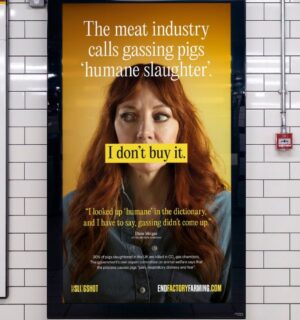Photo shows a new billboard from Project Slingshot's Ban CO2 Gas Chambers campaign, featuring vegan comedian Diane Morgan, and warning commuters about the reality of factory farming and so-called "humane slaughter" methods, such as CO2 gas chambers