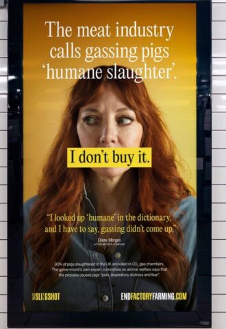 Photo shows a new billboard from Project Slingshot's Ban CO2 Gas Chambers campaign, featuring vegan comedian Diane Morgan, and warning commuters about the reality of factory farming and so-called "humane slaughter" methods, such as CO2 gas chambers