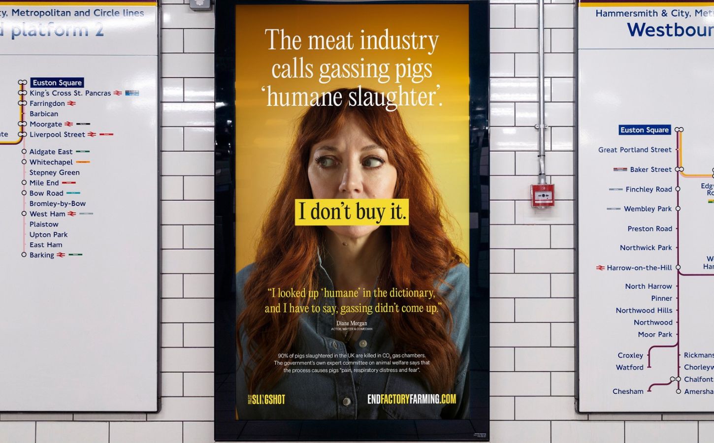 Photo shows a new billboard from Project Slingshot's Ban CO2 Gas Chambers campaign, featuring vegan comedian Diane Morgan, and warning commuters about the reality of factory farming and so-called "humane slaughter" methods, such as CO2 gas chambers