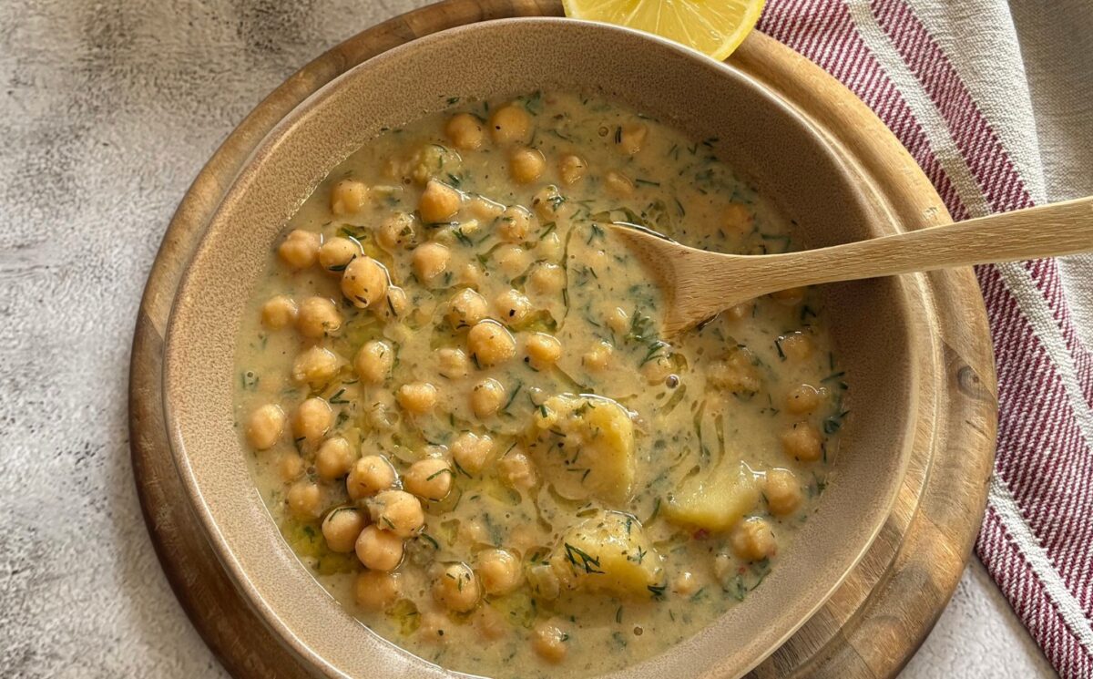 Greek Chickpea Lemon Stew with potatoes, olive oil, and nutritional yeast for heart-healthy vegan recipes