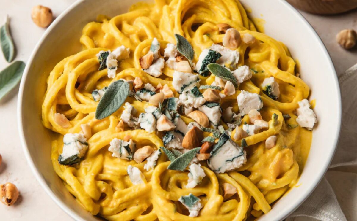 Creamy Squash And Blue Cheese Pasta with vegan blue cheese alternative and hazelnuts