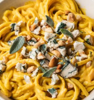 Creamy Squash And Blue Cheese Pasta with vegan blue cheese alternative and hazelnuts