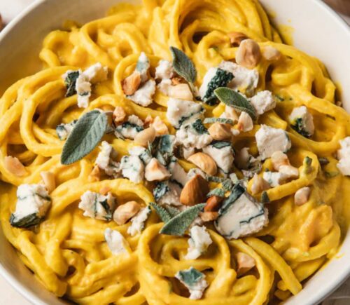 Creamy Squash And Blue Cheese Pasta with vegan blue cheese alternative and hazelnuts